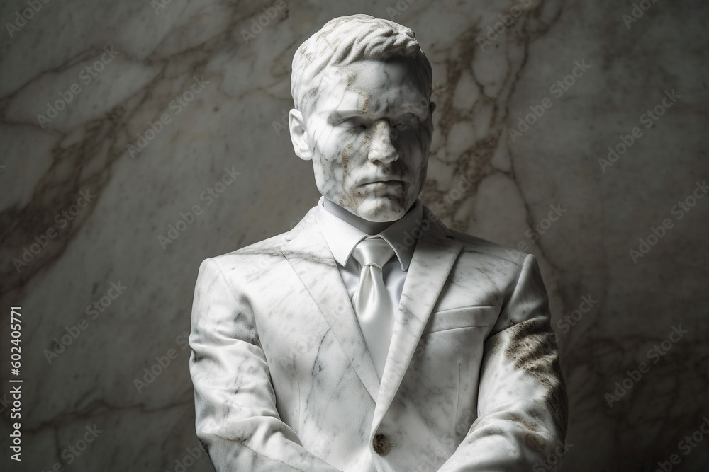 Fototapeta premium Business man statue or sculpture in a suit with the head made of marble. Ai generated
