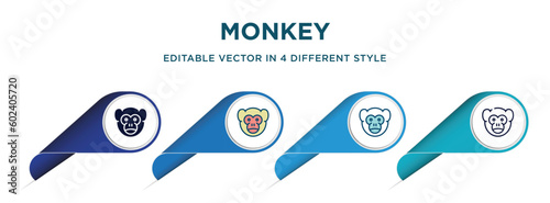 Canvas Print monkey icon in 4 different styles such as filled, color, glyph, colorful, lineal color