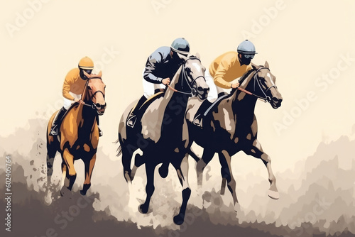 Jockeys riding on horses, color drawing. Horse racing at the racetrack. Active sport sticker. Created with Generative AI