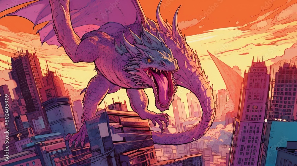 Obraz premium A futuristic city with dragons perched on the skyscrapers. Fantasy concept , Illustration painting. Generative AI
