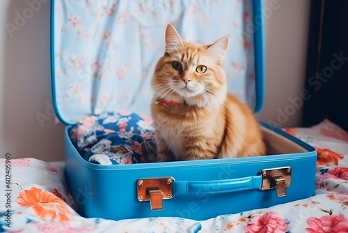 Leinwand Poster Cute ginger cat sitting in an open suitcase among summer clothes