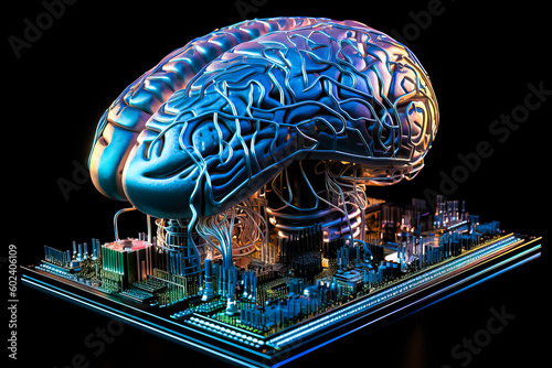 Ai chipset with human brain on computer circuit board. Artificial intelligence, Data mining, and Deep learning modern computer technology. Ai CPU concept.