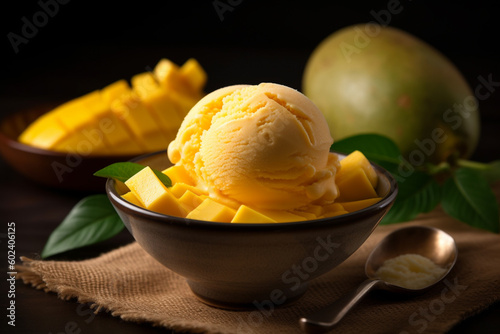 Mango ice cream in a bowl product photography with natural lighting. Ai generated