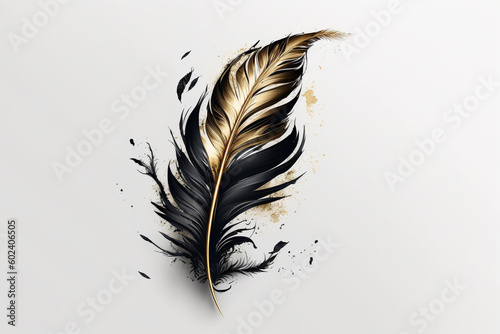 Black gold golden feather print illustration. Ai generated photo