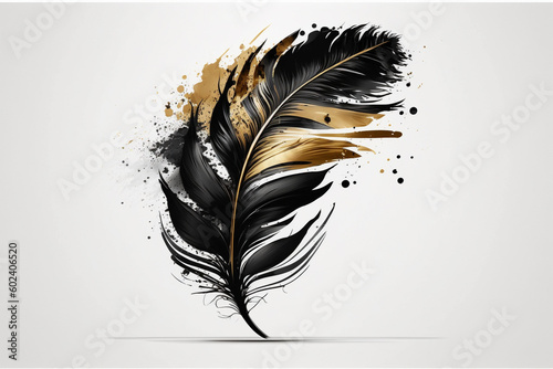 Black gold golden feather print illustration. Ai generated photo