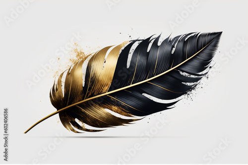 Black gold golden feather print illustration. Ai generated