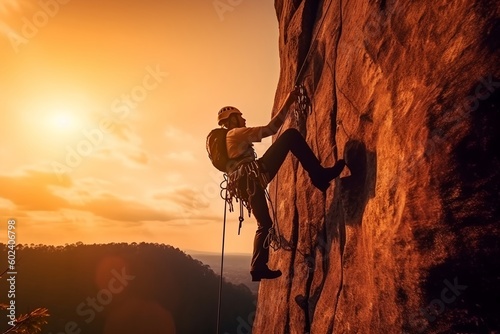 Climber at sunset, generative AI