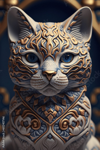 Cat statue made of marble and gold. Ai generated.