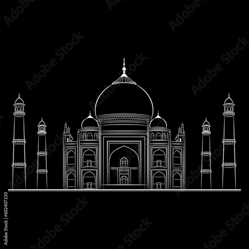 Taj Mahal. Indian marble mausoleum of Mughal emperor Shah Jahan and his wife Mumtaz Mahal in Agra. Historical medieval monument. White linear silhouette on black background.