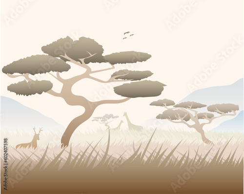 vector design of a landscape of an african prairie or savanna with some trees and also a deer near the tree and two giraffes are visible in the distance