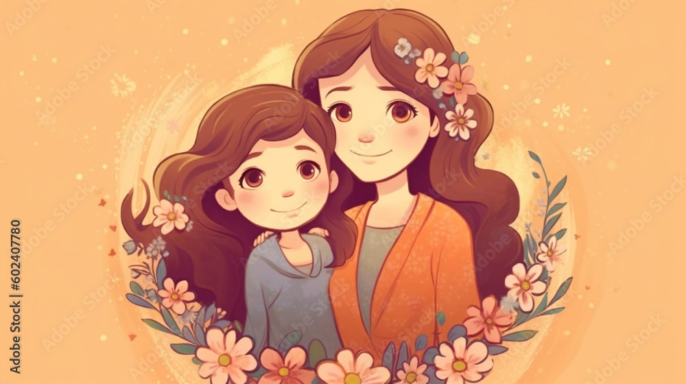 Happy mothers day, beautiful mother and daughter character, parent and child with flowers background. Generative AI.