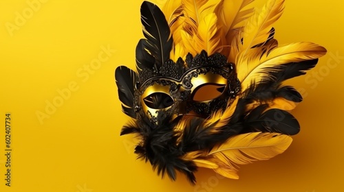 Golden mask with black feathers on a yellow background. Generative AI. © roy9
