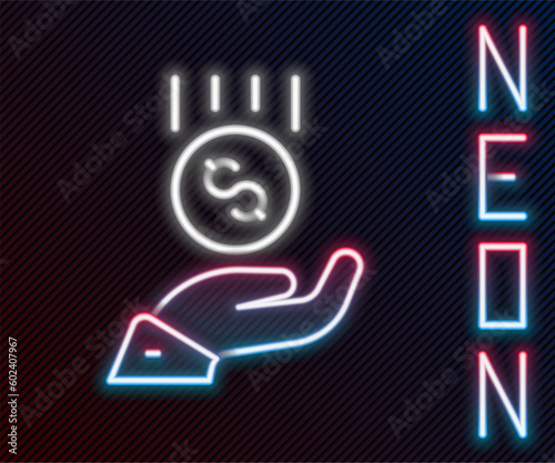 Glowing neon line Coins on hand - minimal wage icon isolated on black background. Colorful outline concept. Vector