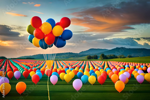 a field of colorful balloons floating in the air, symbolizing the playfulness and joy of childhood