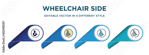 wheelchair side view icon in 4 different styles such as filled, color, glyph, colorful, lineal color. set of   vector for web, mobile, ui