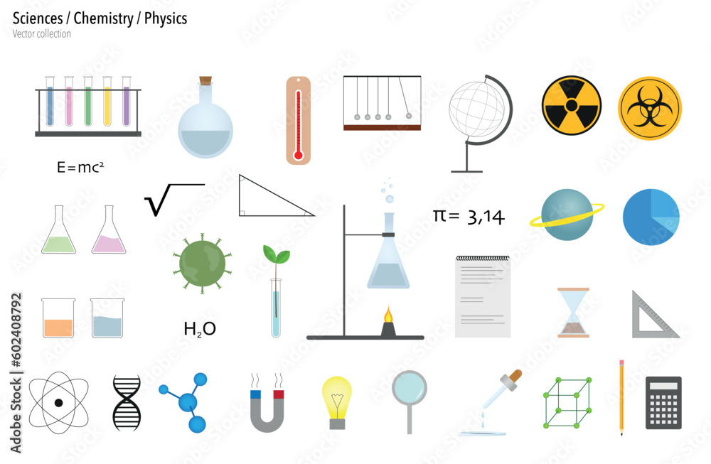 Set of vector drawings of science, chemistry and physics fields. Set of vector drawings of science, chemistry and physics fields.