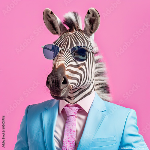 Portrait of zebra wearing business suit with tie and sunglasses. Generative AI art photo