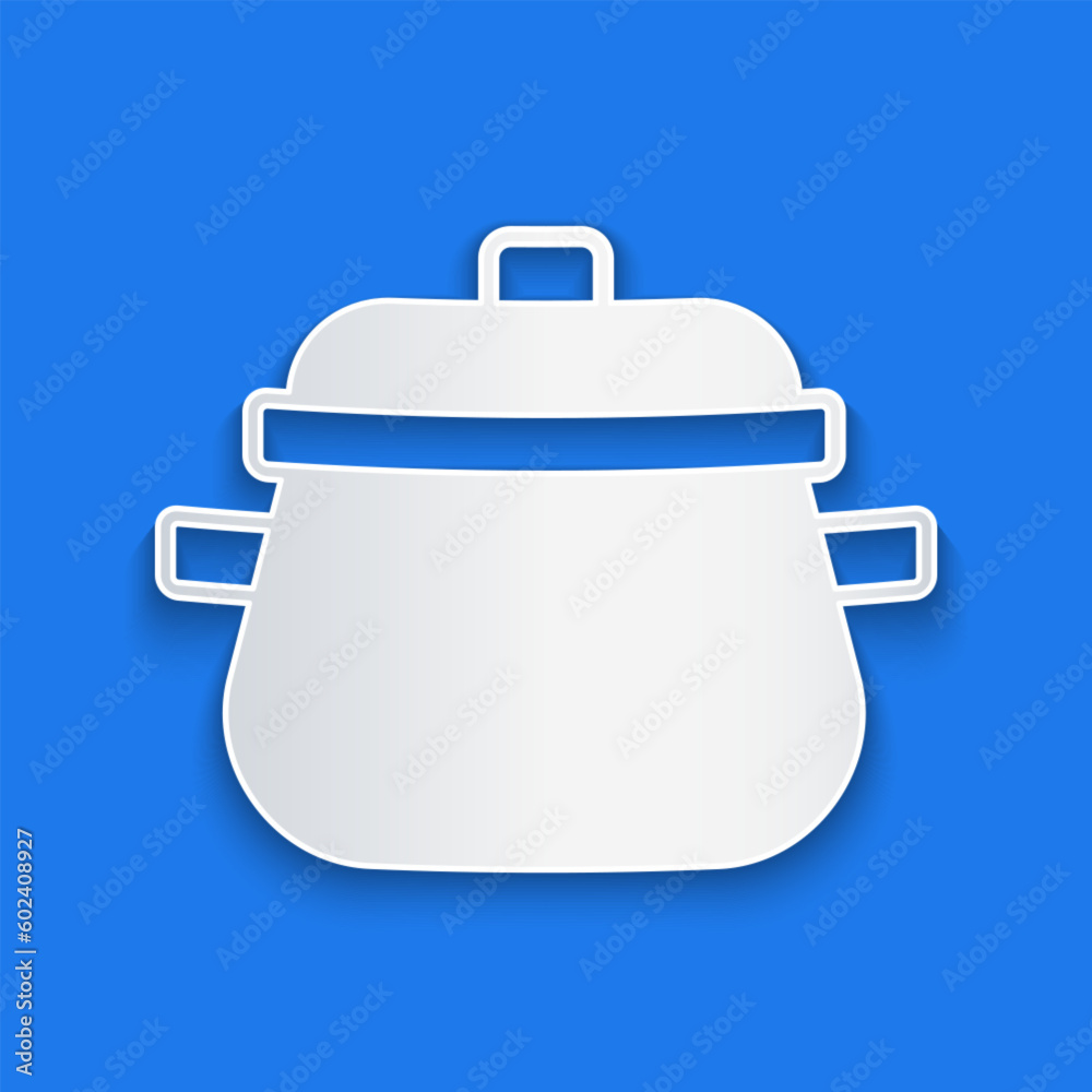 Paper cut Cooking pot icon isolated on blue background. Boil or stew food symbol. Paper art style. Vector Paper cut Cooking pot icon isolated on blue background. Boil or stew food symbol. Paper art style. Vector