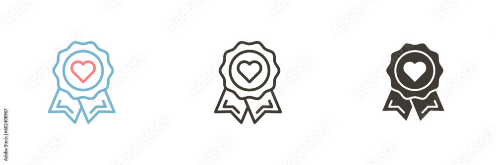 Vector icon in 3 different styles. Badge seal with ribbon and with an heart inside Vector icon in 3 different styles. Badge seal with ribbon and with an heart inside