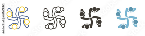 Vector icon in 4 different styles. Team group of 4 people with hands together huddling