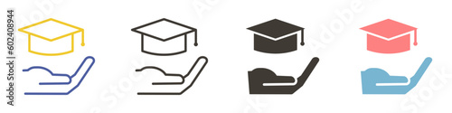 Vector icon in 4 different styles. Hand holding a college cap