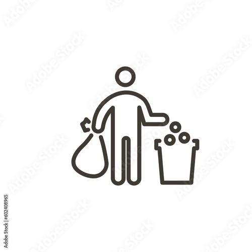 Person holding a sack of trash and throwing rubbish in dustbin. Vector thin line icon for community cleanup