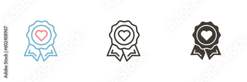 Vector icon in 3 different styles. Badge seal with ribbon and with an heart inside