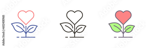 Vector icon in 3 different styles. Plant with heart growing