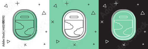 Set Airplane window icon isolated on white and green, black background. Aircraft porthole. Vector