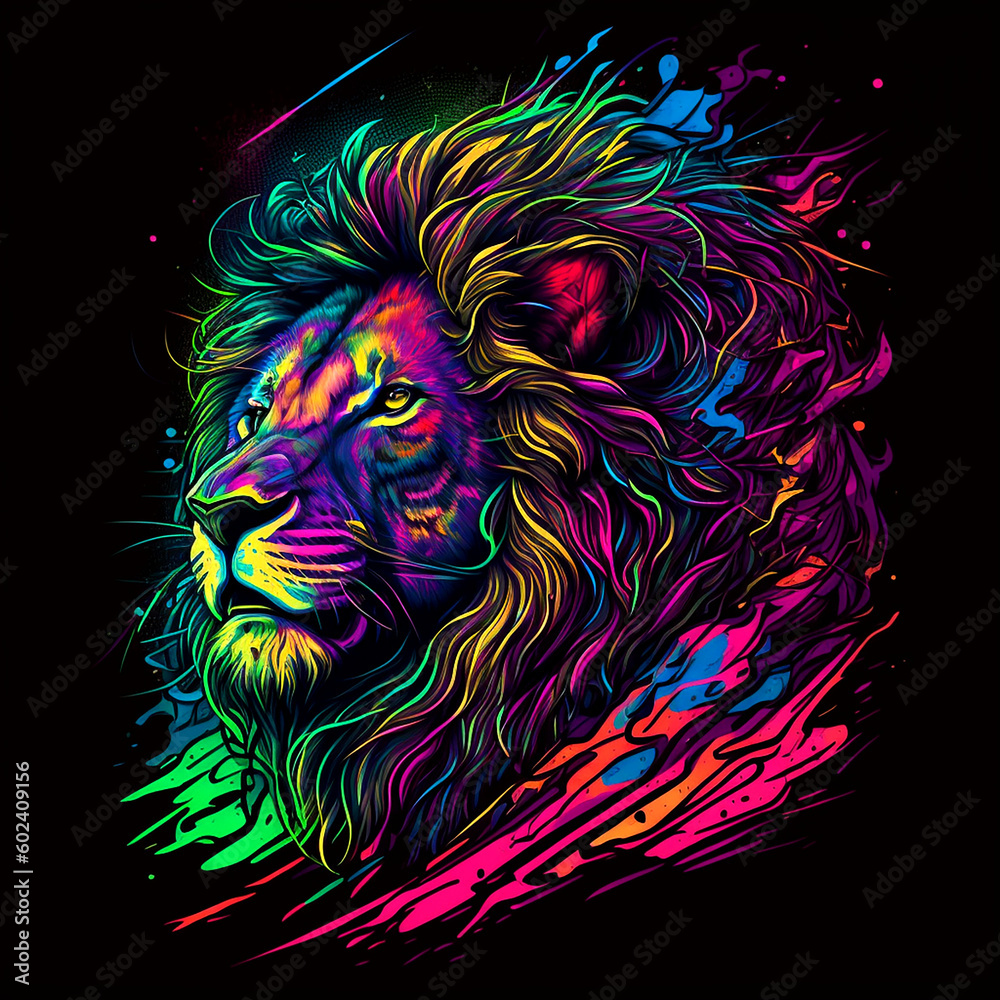 Lion zodiac sign in vibrant colors neon pink, purple, and blue. A psychedelic lion portrait. 