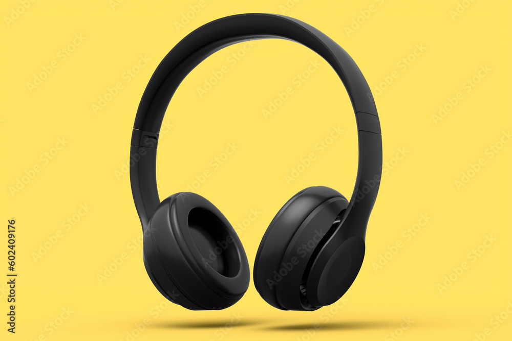 Gaming headphones and concept of music equipment isolated on yellow monochrome Gaming headphones and concept of music equipment isolated on yellow monochrome