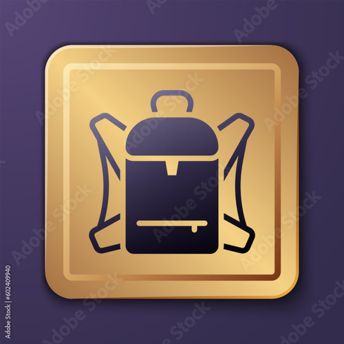 Purple Hiking backpack icon isolated on purple background. Camping and mountain exploring backpack. Gold square button. Vector