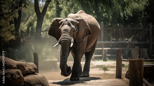 Elephant walking out from waterhole in zoo Generative AI