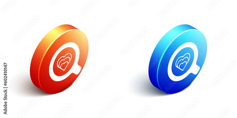 Obraz premium Isometric Coffee cup icon isolated on white background. Tea cup. Hot drink coffee. Orange and blue circle button. Vector