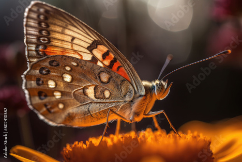 The rust-colored butterfly, close up. Butterfly in the morning nature. Generative AI © barmaleeva