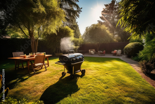 Outdoor dining table and barbeque grill in the back yard of a house. Generative AI