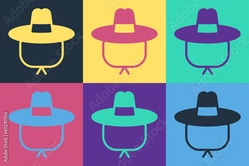 Pop art Camping hat icon isolated on color background. Beach hat panama. Explorer travelers hat for hunting, hiking, tourism. Vector