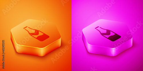 Isometric Beer bottle icon isolated on orange and pink background. Hexagon button. Vector