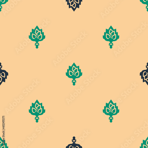 Green and black Sauna broom icon isolated seamless pattern on beige background. Broom from birch twigs, branches for Russian steam bath, sauna, washhouse. Vector