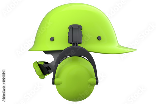 Photography Green safety helmet or hard cap and earphones muffs on wihte background
