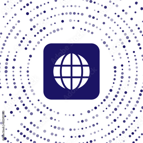 Blue Worldwide icon isolated on white background. Pin on globe. Abstract circle random dots. Vector