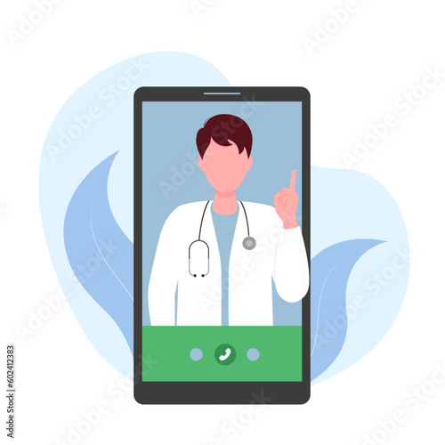 A young doctor explaining or giving advice to a patient online. Concept - doctor, healthcare. Vector illustration in flat cartoon style.