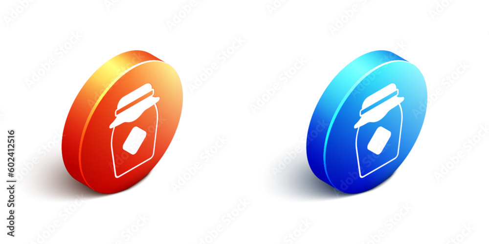 Obraz premium Isometric Jar of honey icon isolated on white background. Food bank. Sweet natural food symbol. Orange and blue circle button. Vector