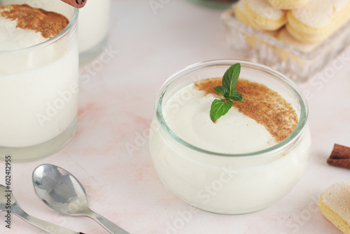 Glasses with traditional Italian dessert Zabaione made of eggs, sugar and wine