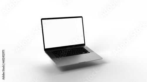 Modern, aluminum laptop hovering with shadow. Transparent display for content replacement. Possible use cases: commercials, mockups, app show cases, advertising