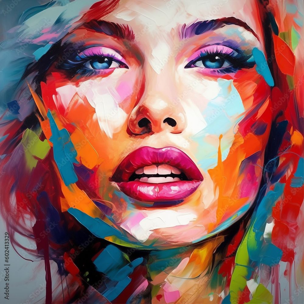 Art Portrait of beautiful woman with red lips and colorful paint