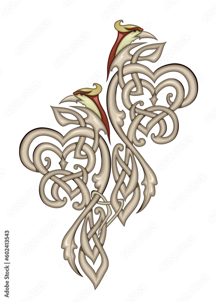 Celtic knot ornament. Ancient Irish symbol. Beautiful Nordic bronze decoration with fantasy birds. Print for logo, icon, fabric, tattoo, jewelry, sticker, design. Vector illustration. - obrazy, fototapety, plakaty 