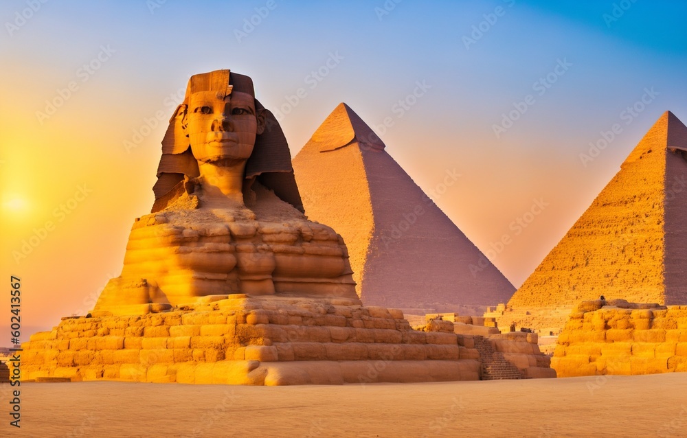 The Great Sphinx of Giza and the Pyramid of Khafreat sunset, Egypt (Generative AI) - obrazy, fototapety, plakaty 