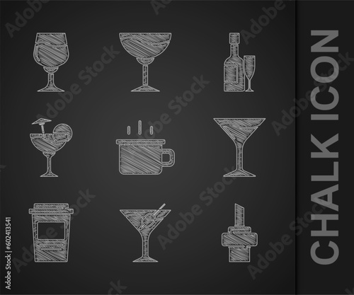 Set Coffee cup, Martini glass, Wooden cork for wine, to go, Cocktail, Champagne bottle and and Wine icon. Vector
