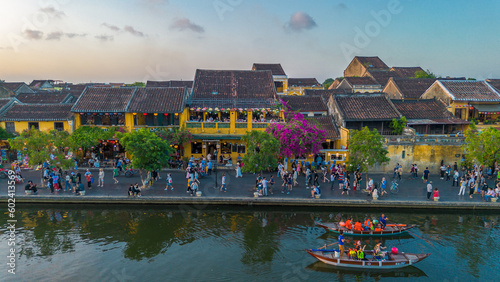 Aerial drone view of Hoi An city, Vietnam. Ancient town, UNESCO world heritage, at Quang Nam province. One of the most popular touristic destinations